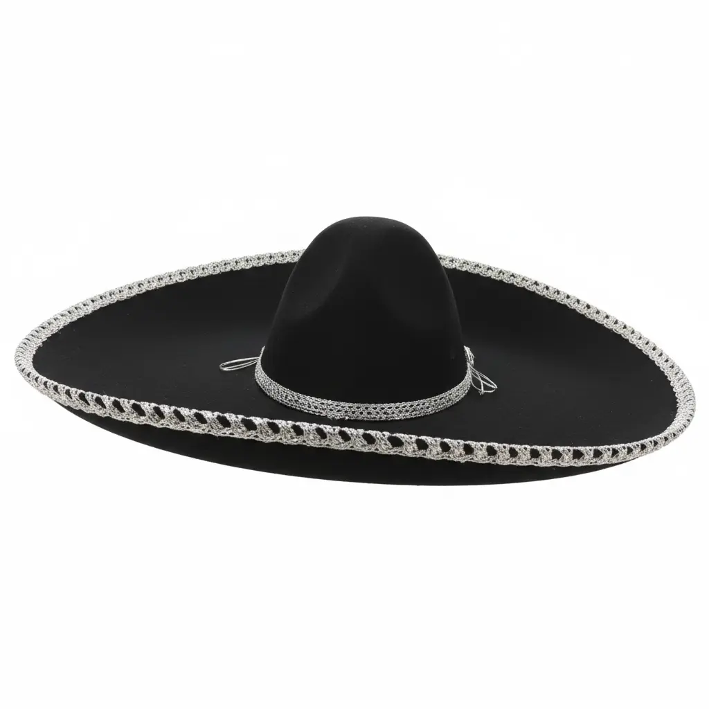 Black Felt Mexican Sombrero with silver braided trim for Mariachi costume