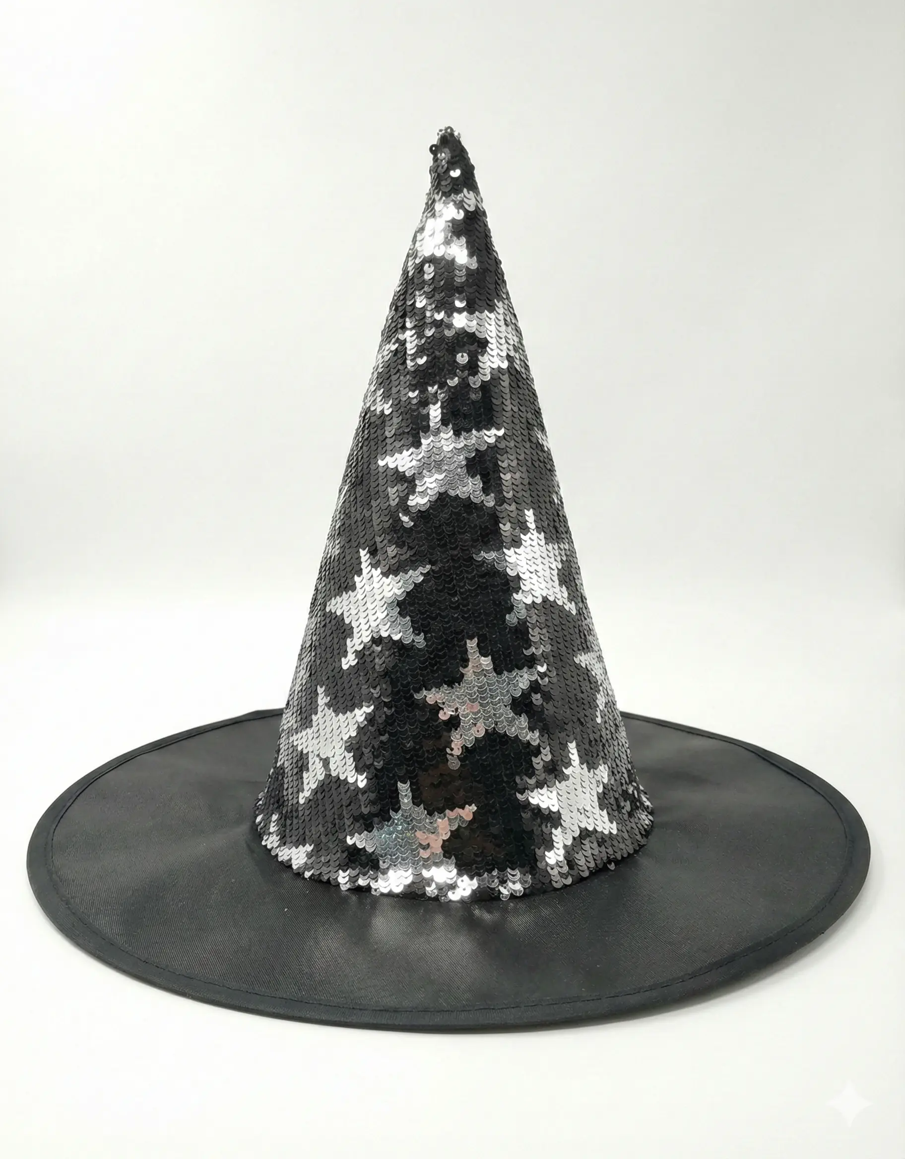 Sparkling black and silver reversible sequin star witch hat - Disco Party Headwear