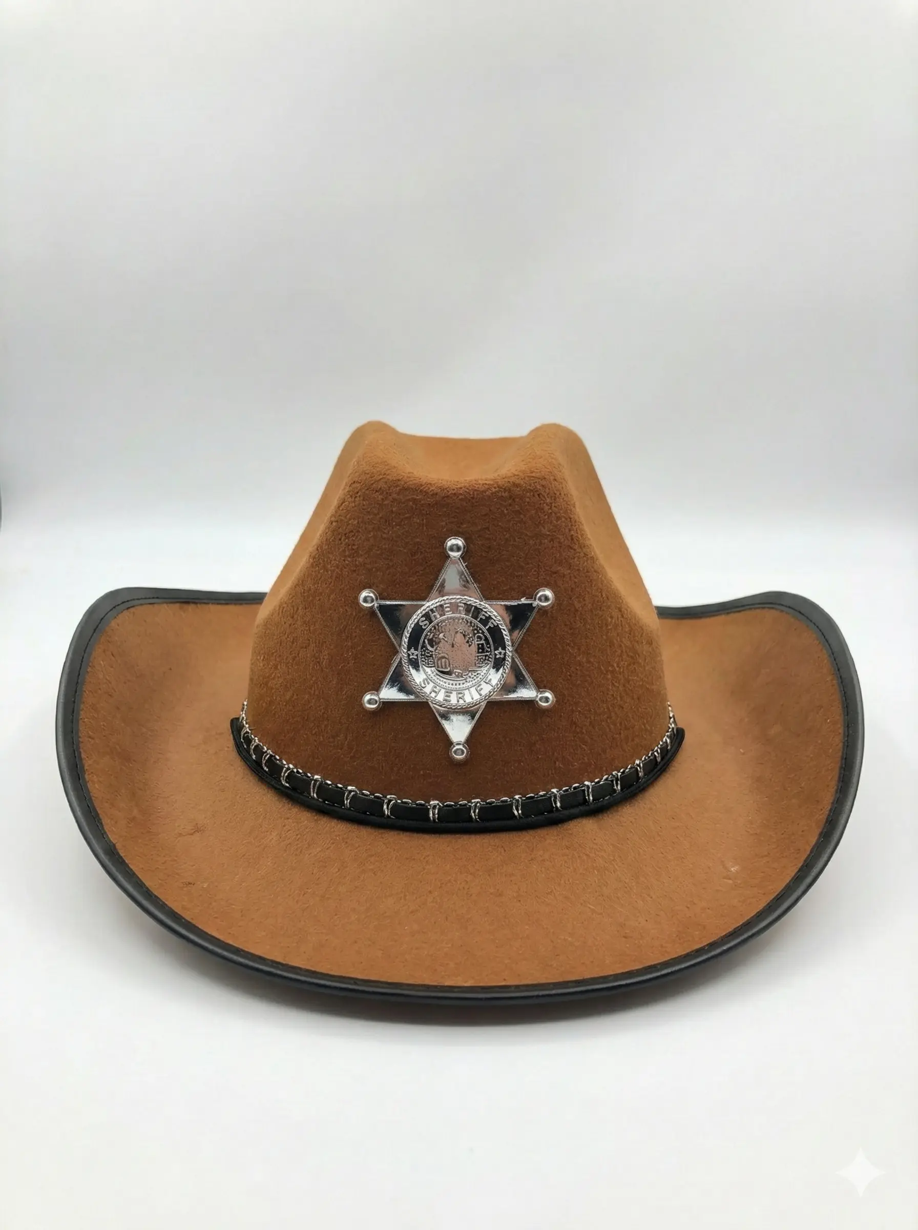 Brown Felt Cowboy Hat with Silver Sheriff Star Badge and braided trim