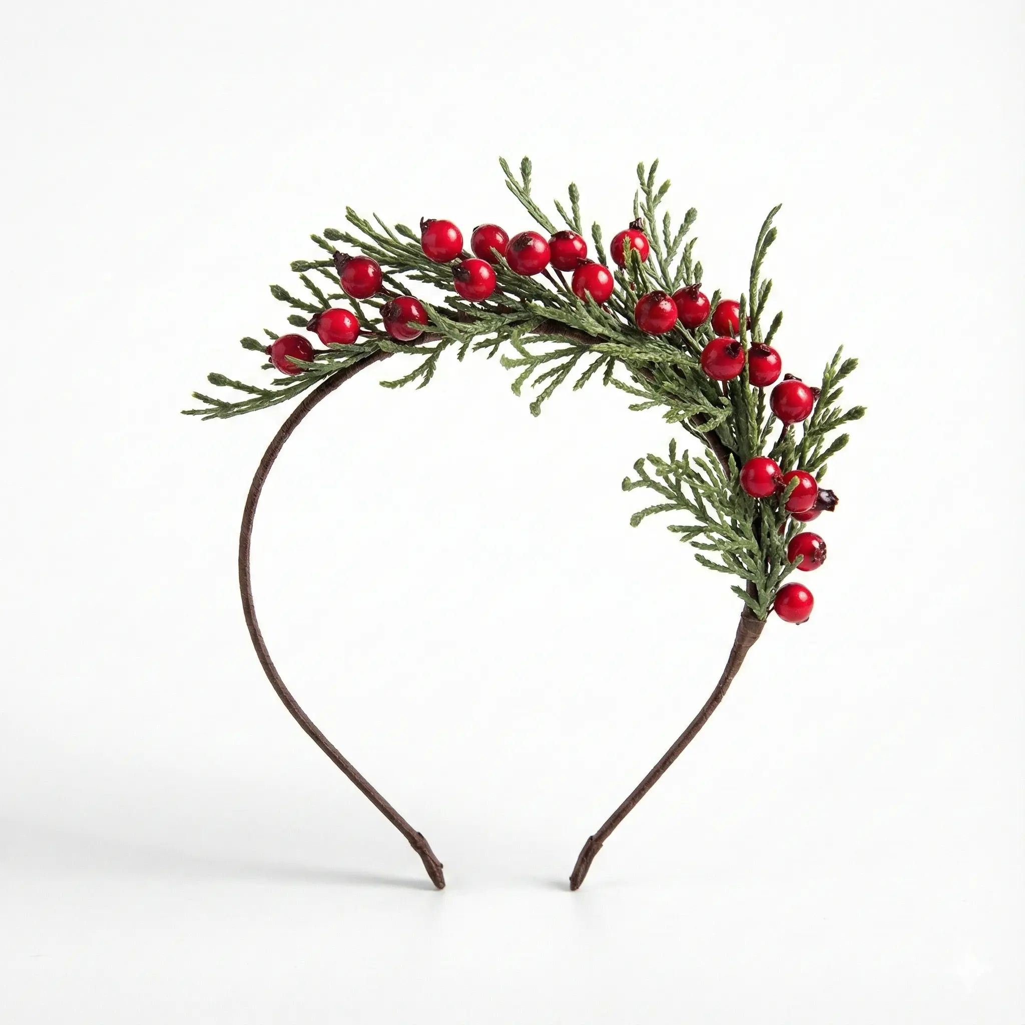 Winter Christmas Headband with artificial pine leaves and red holly berries