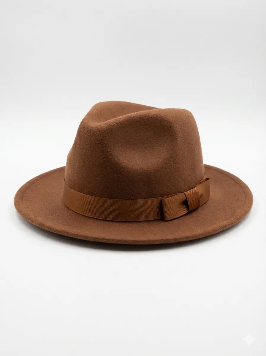 Classic Brown Structured Fedora Party Hat with Ribbon