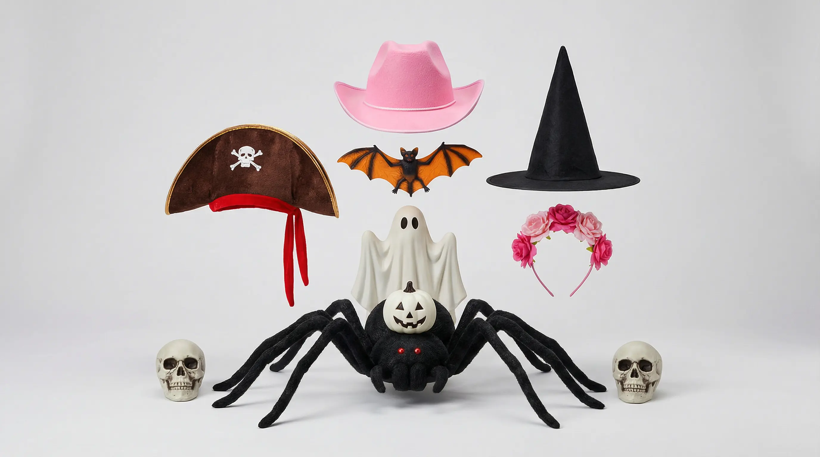 Showcase of custom designed Halloween party supplies including felt hats, masks, and spiders