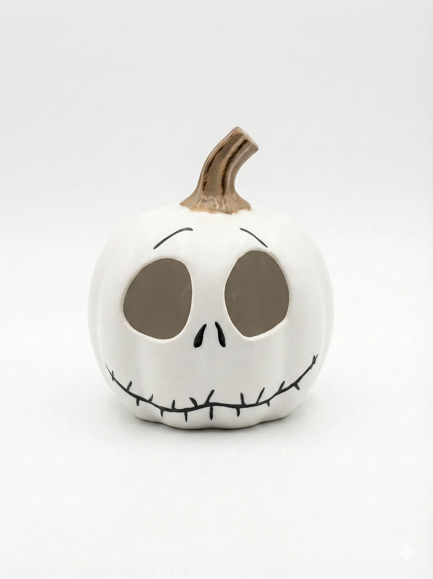 Jack Skellington style white pumpkin with stitched smile