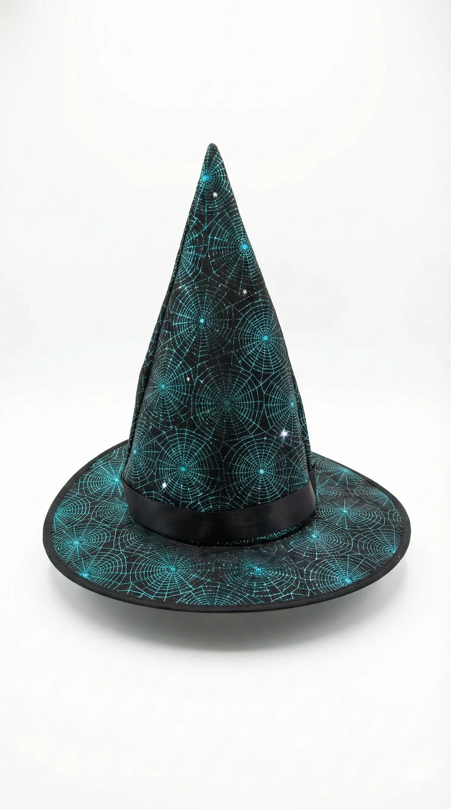 Black witch hat with cyan blue spider web pattern - Spooky Halloween Accessories