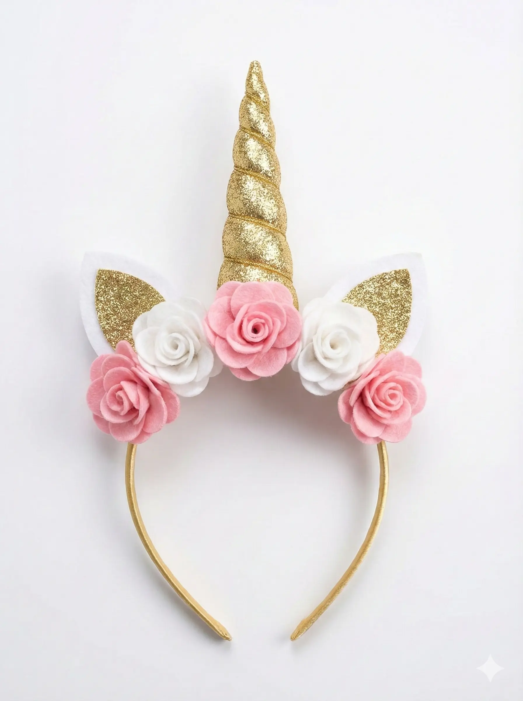 Gold Unicorn Horn Headband with fabric flowers for kids parties