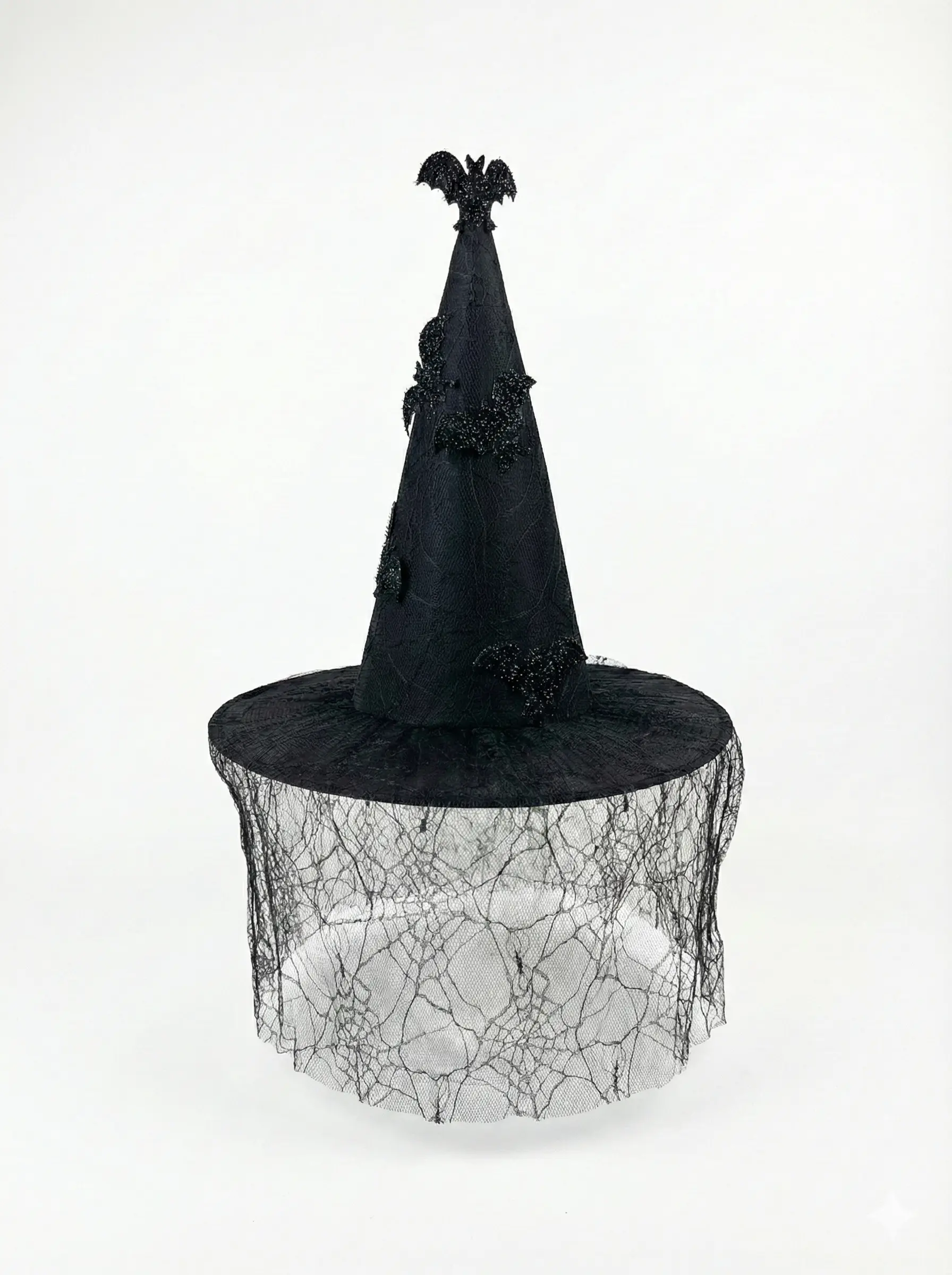 Gothic black lace witch hat with veil and 3D bat decorations - Elegant Halloween Costume