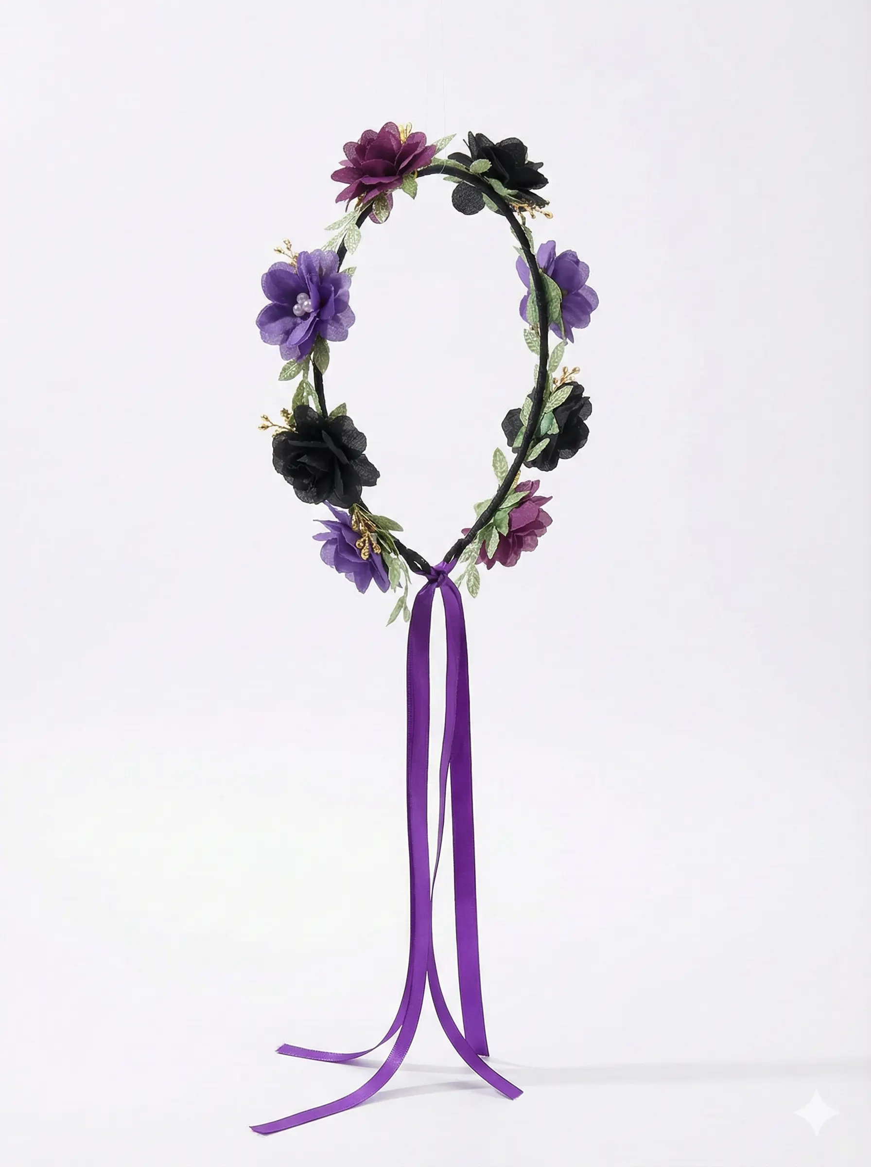 Gothic Style Black and Purple Flower Crown with ribbon