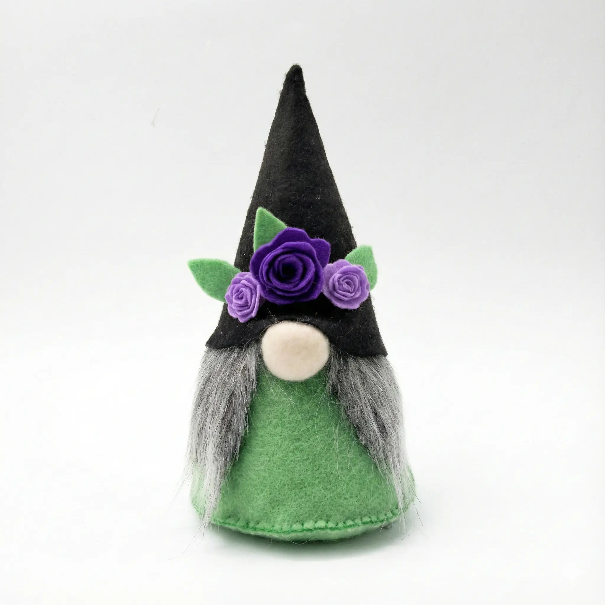 Green Gnome Plush Decoration with Purple Roses for Garden or Spring