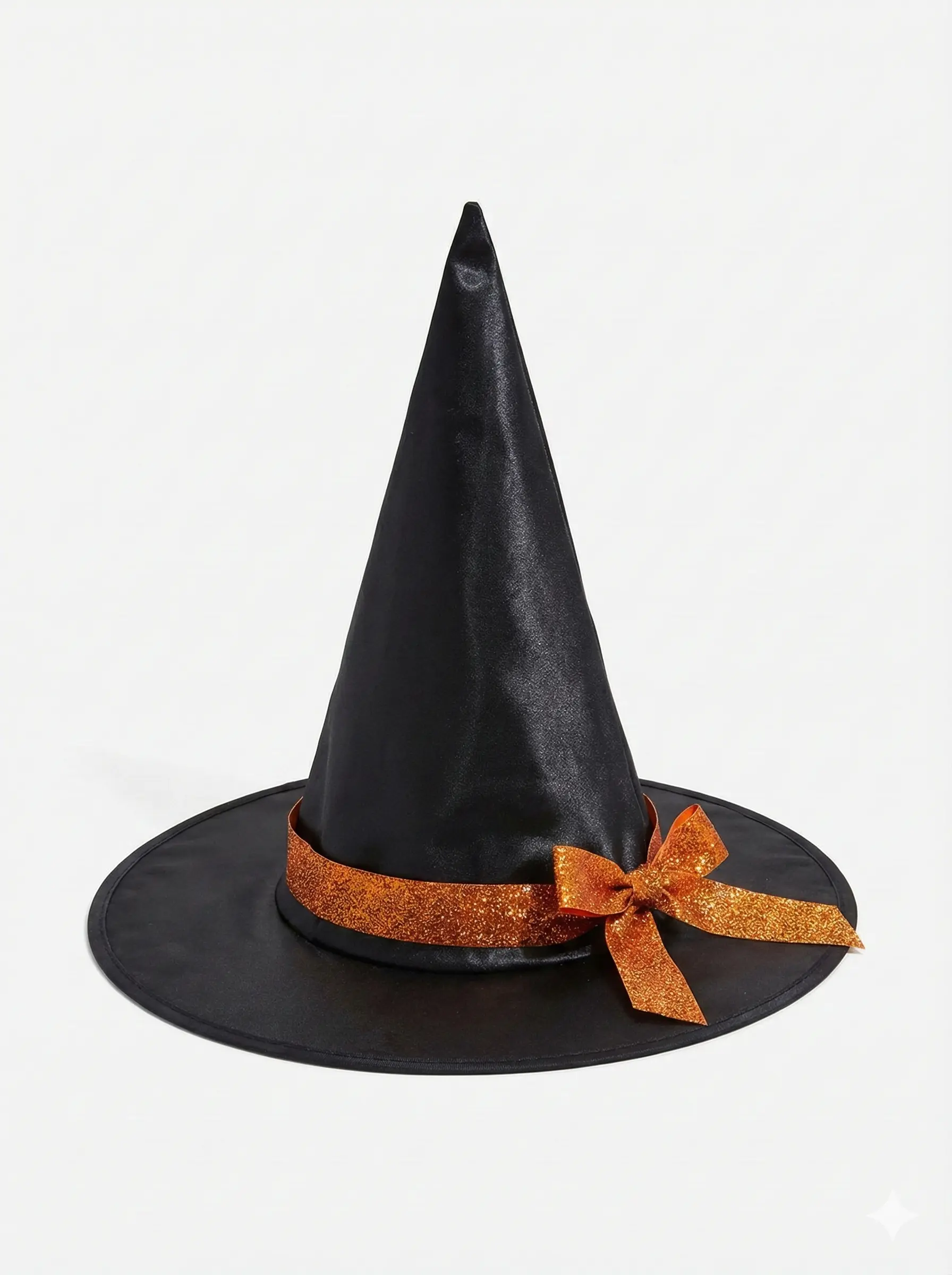 Smooth Satin Black Witch Hat featuring an Orange Glitter Bow, classic Halloween costume accessory.