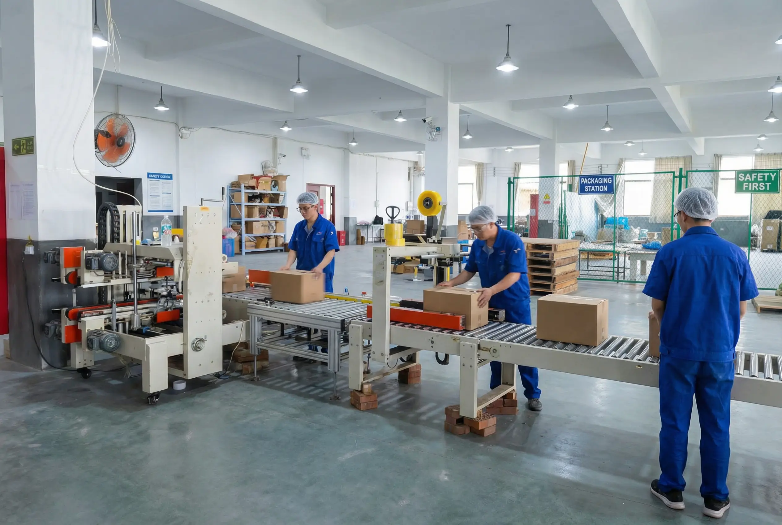 Professional packaging workshop assembly line at Haoxuan Crafts factory with workers handling retail boxes for wholesale orders