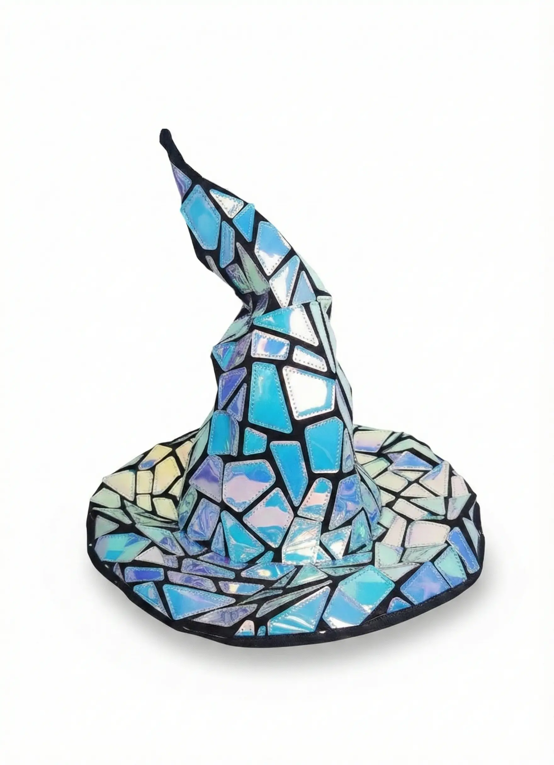 Futuristic holographic blue mosaic witch hat - Shiny metallic fabric for rave parties
