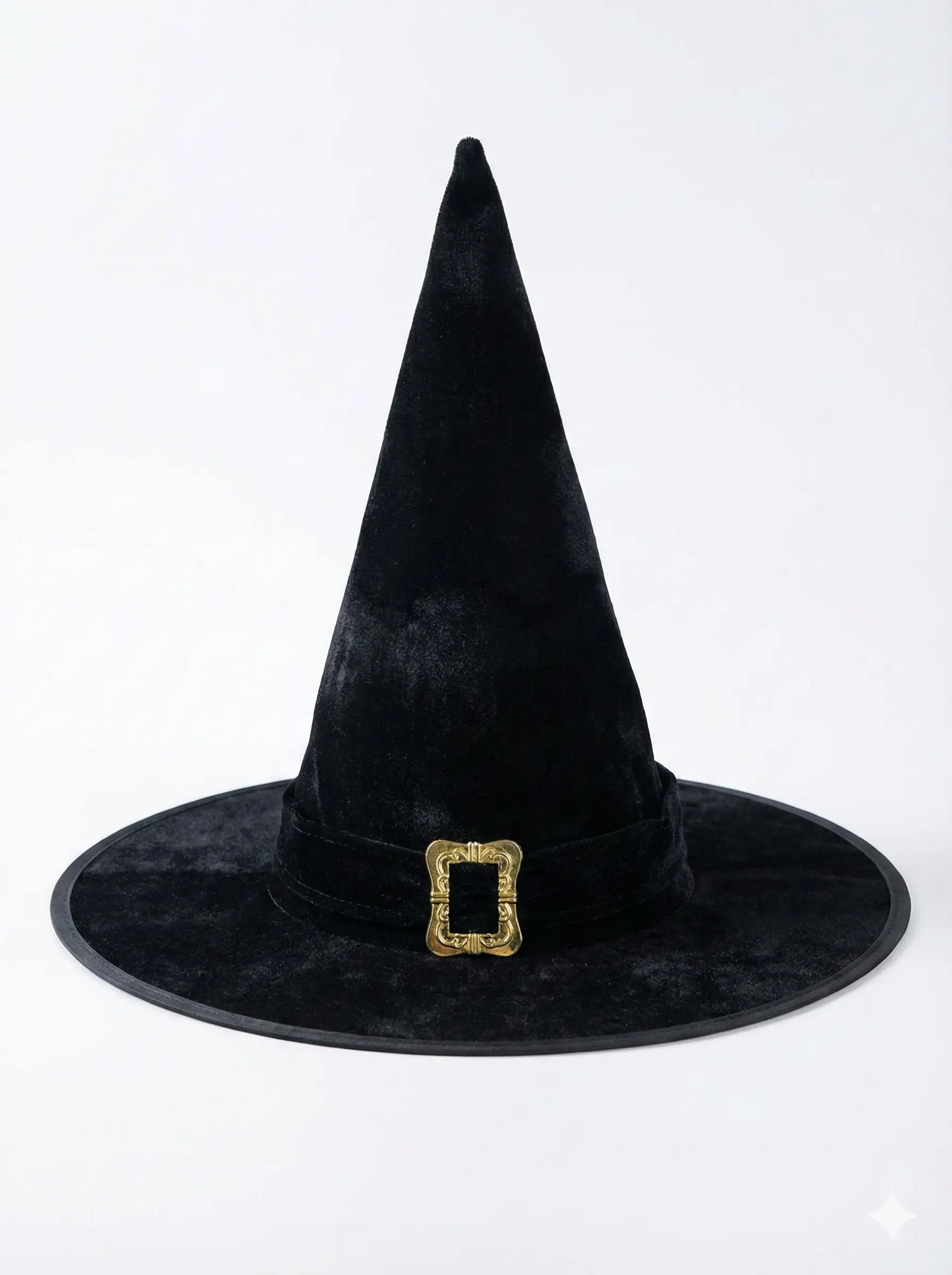 Luxury Black Velvet Witch Hat with Gold Buckle, premium quality wizard sorting hat for cosplay.