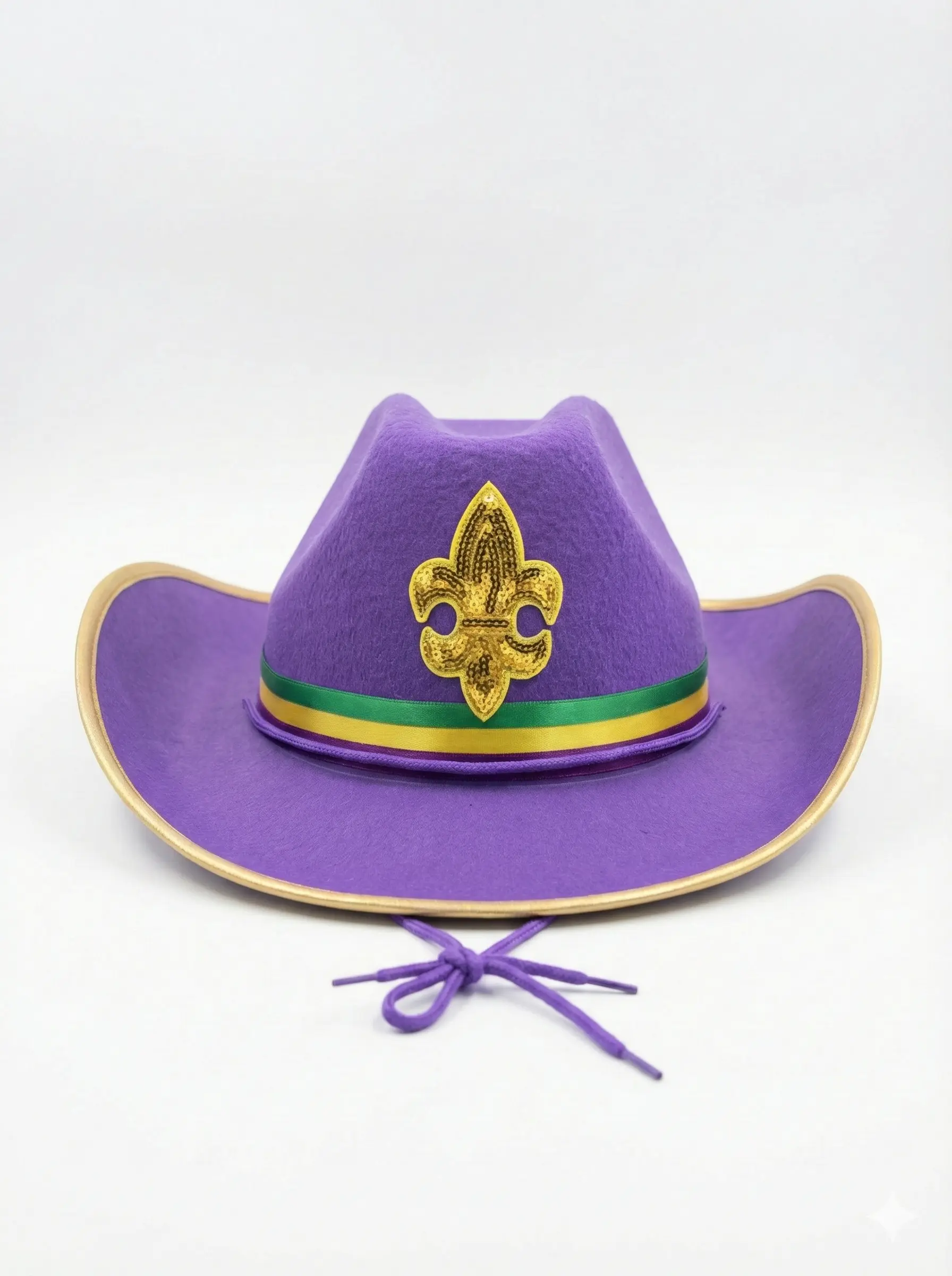Purple Felt Cowboy Hat with gold Fleur de Lis emblem for Mardi Gras party