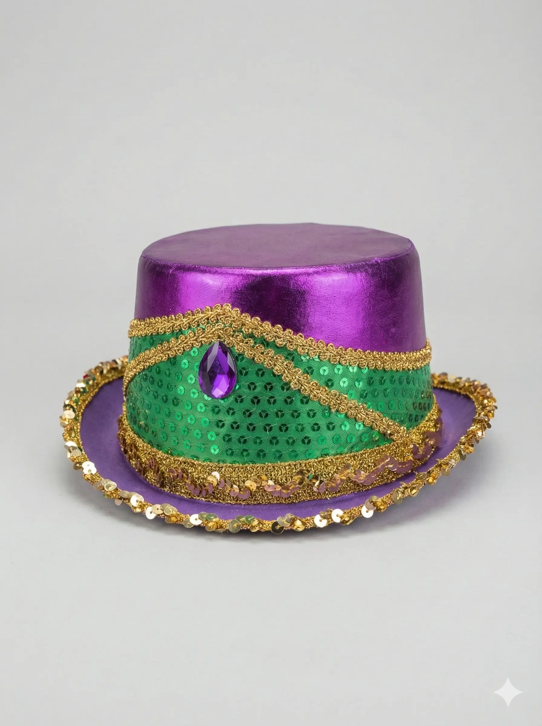 Mardi Gras Purple and Green Sequin Top Hat with Gold Trim