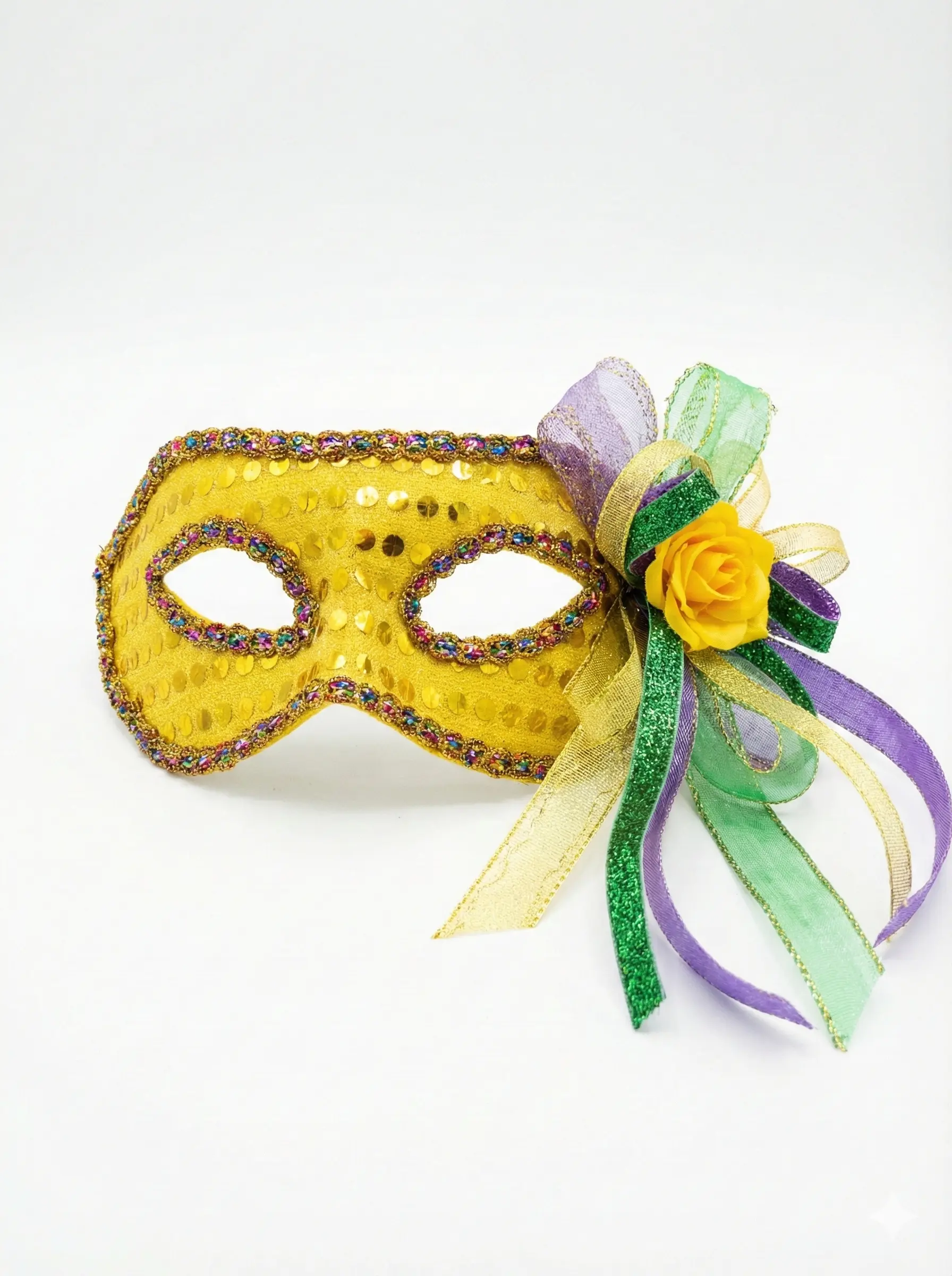 Yellow Sequin Mardi Gras Mask with feathers