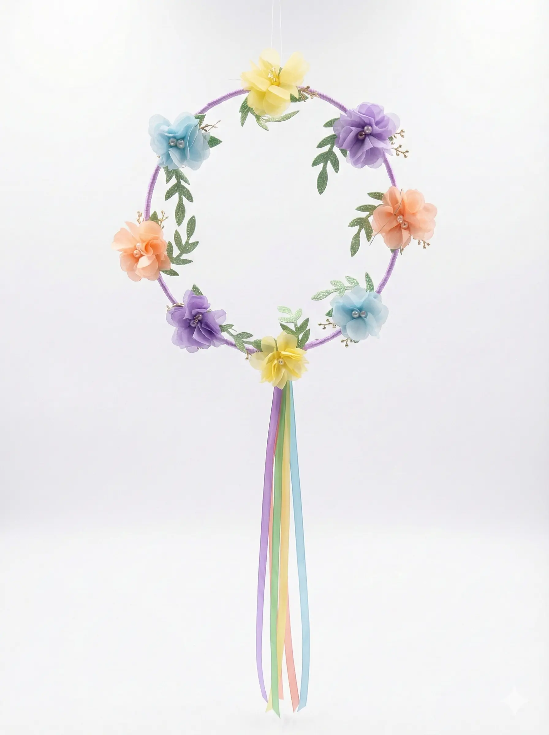 Pastel Flower Wreath Headband with long ribbon streamers