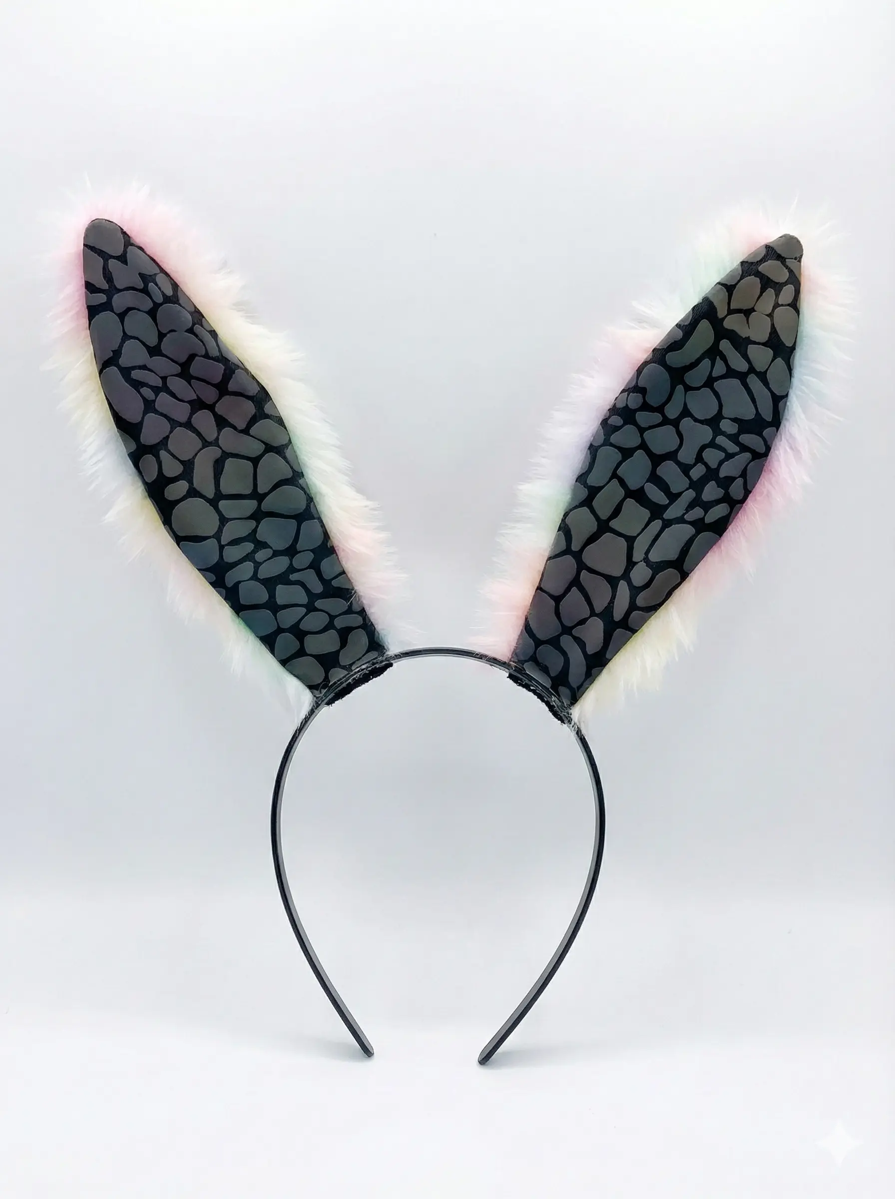 Grey Patterned Animal Ears Headband with fluffy trim