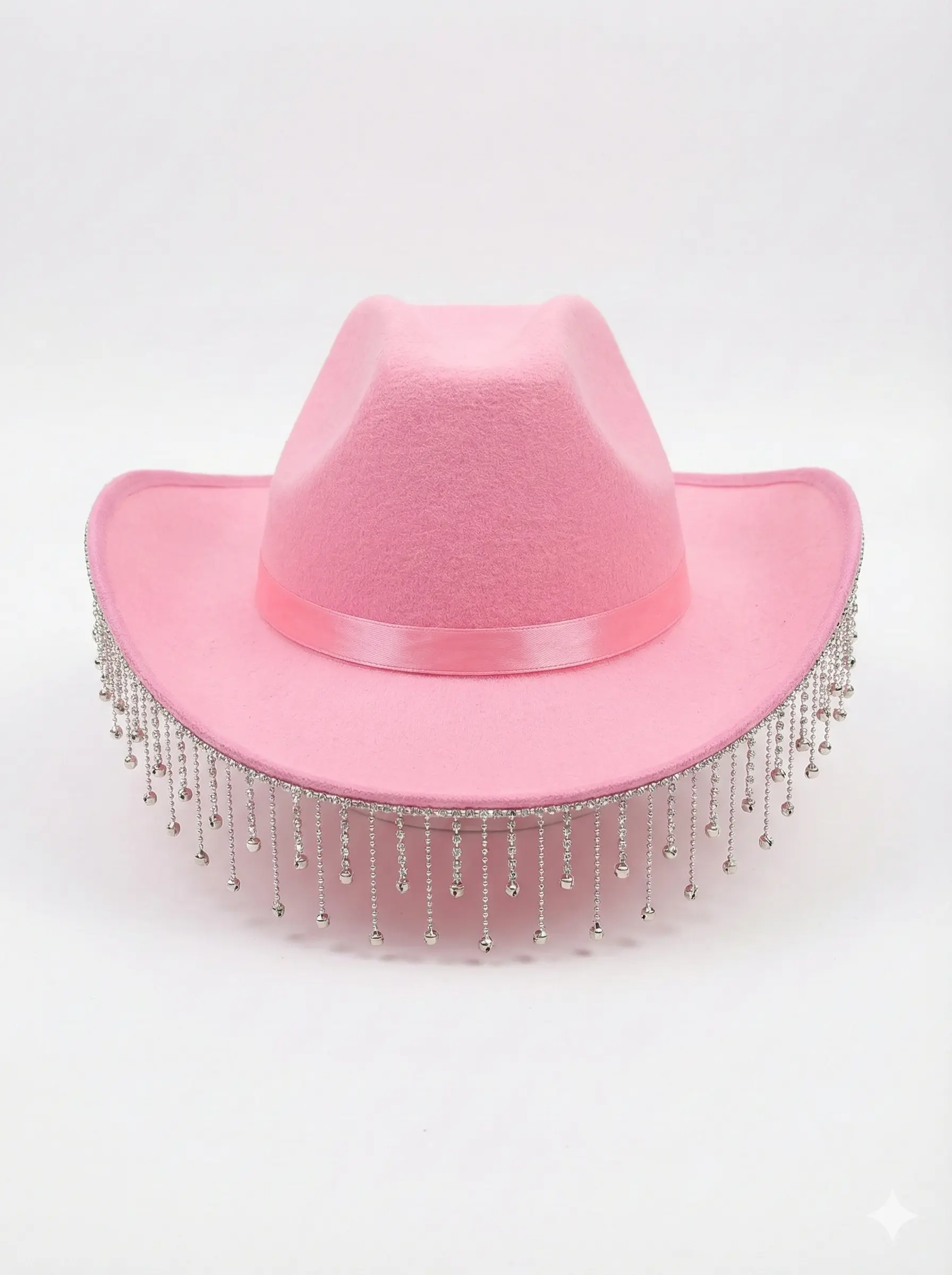 Pink Cowboy Hat with Rhinestone Tassel Fringe, trendy western bride hat for wedding parties.