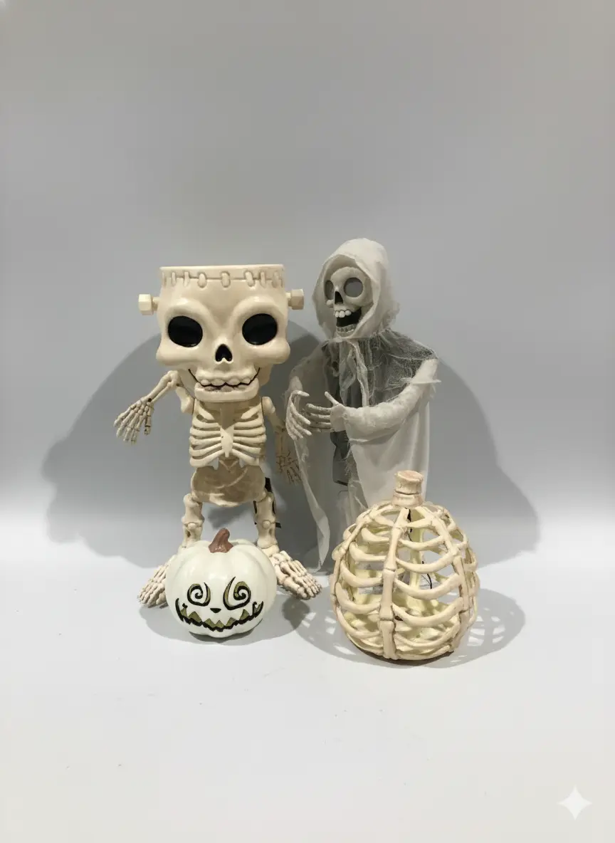 Plastic Halloween decorations including light-up pumpkins and skeletons