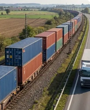 China-Europe railway freight train transporting containers