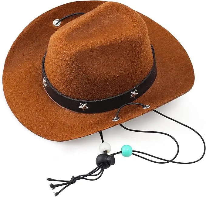Vintage Brown Pet Cowboy Hat with decorative beads on adjustable chin cord