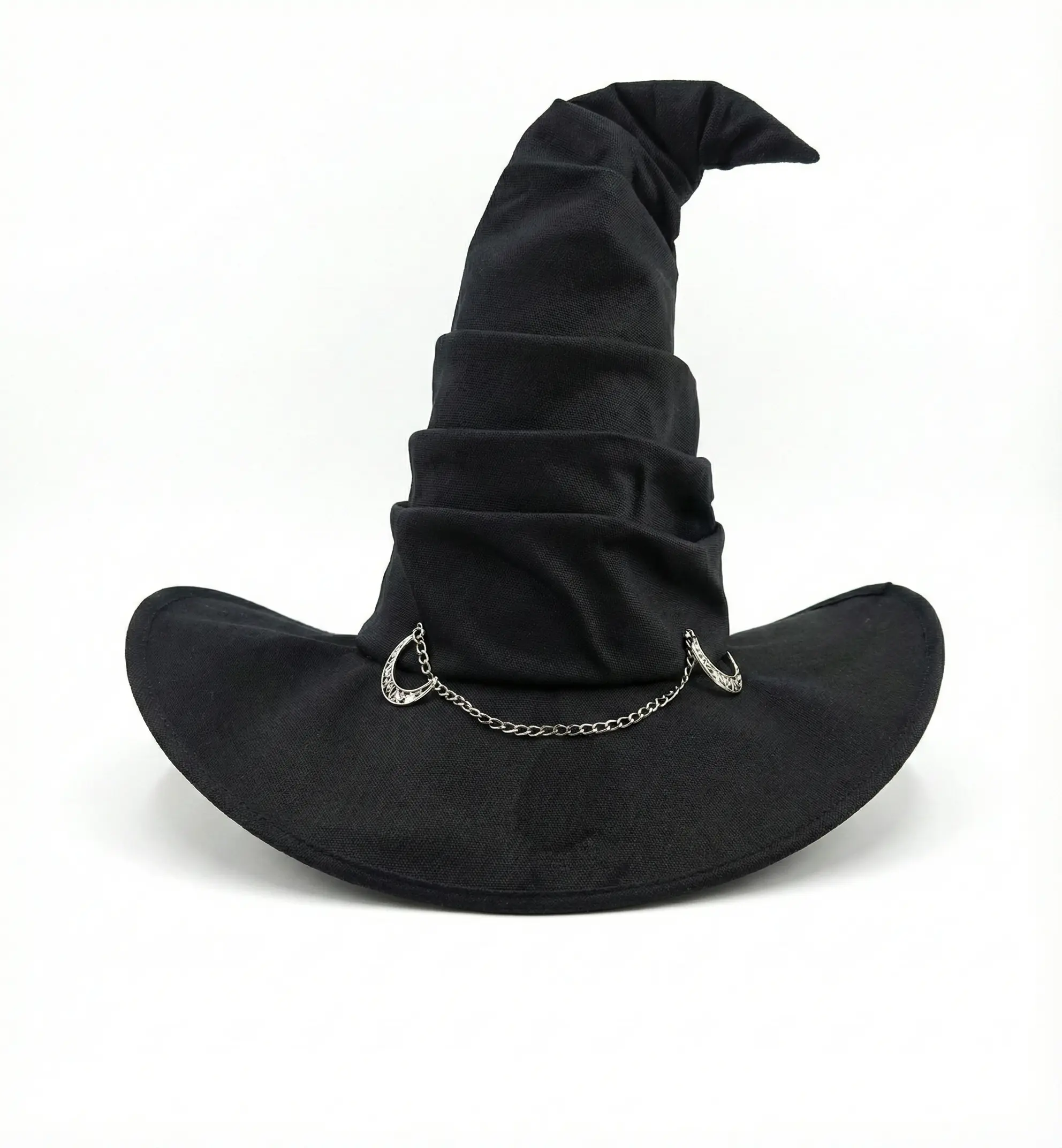 Modern slouchy black witch hat with silver chain and crescent moon charms - Sorting Hat Style