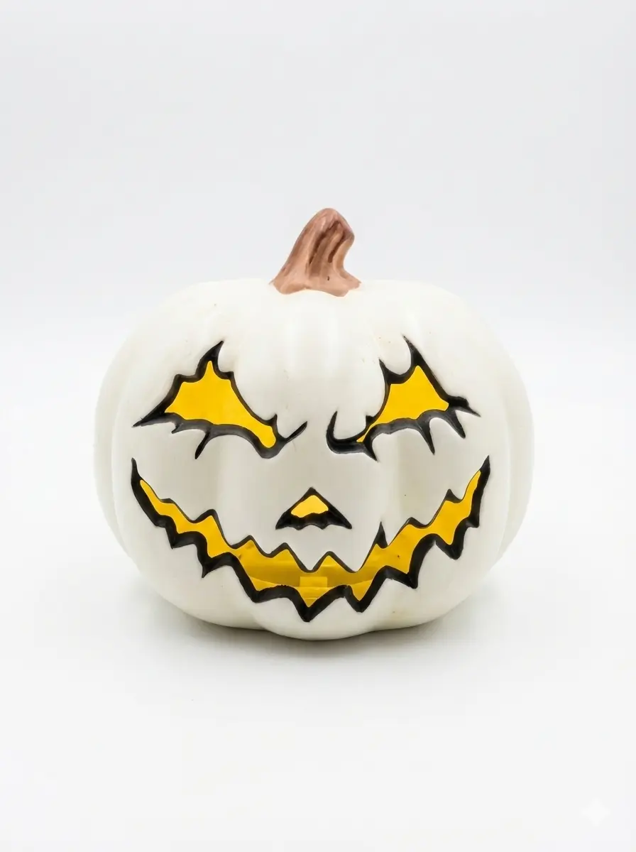 White pumpkin with scary jagged mouth and yellow eyes