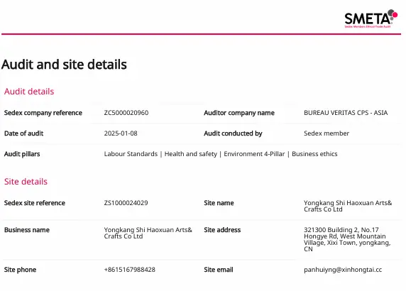 Haoxuan Crafts Sedex SMETA 4-Pillar Audit Report 2025