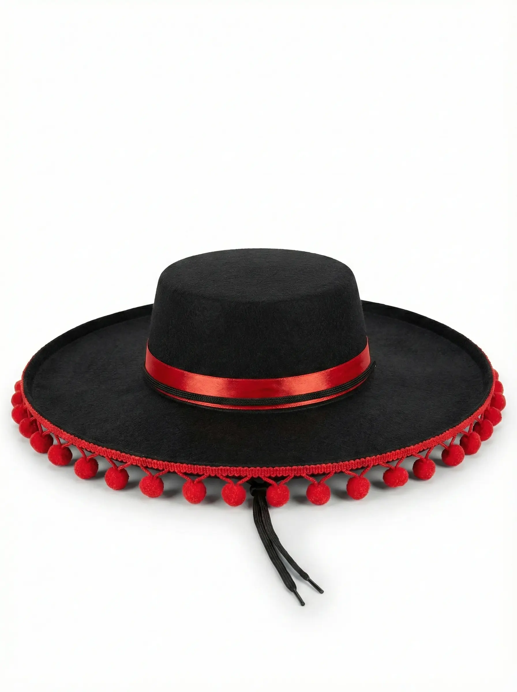 Black Felt Spanish Matador Hat with red ball fringe