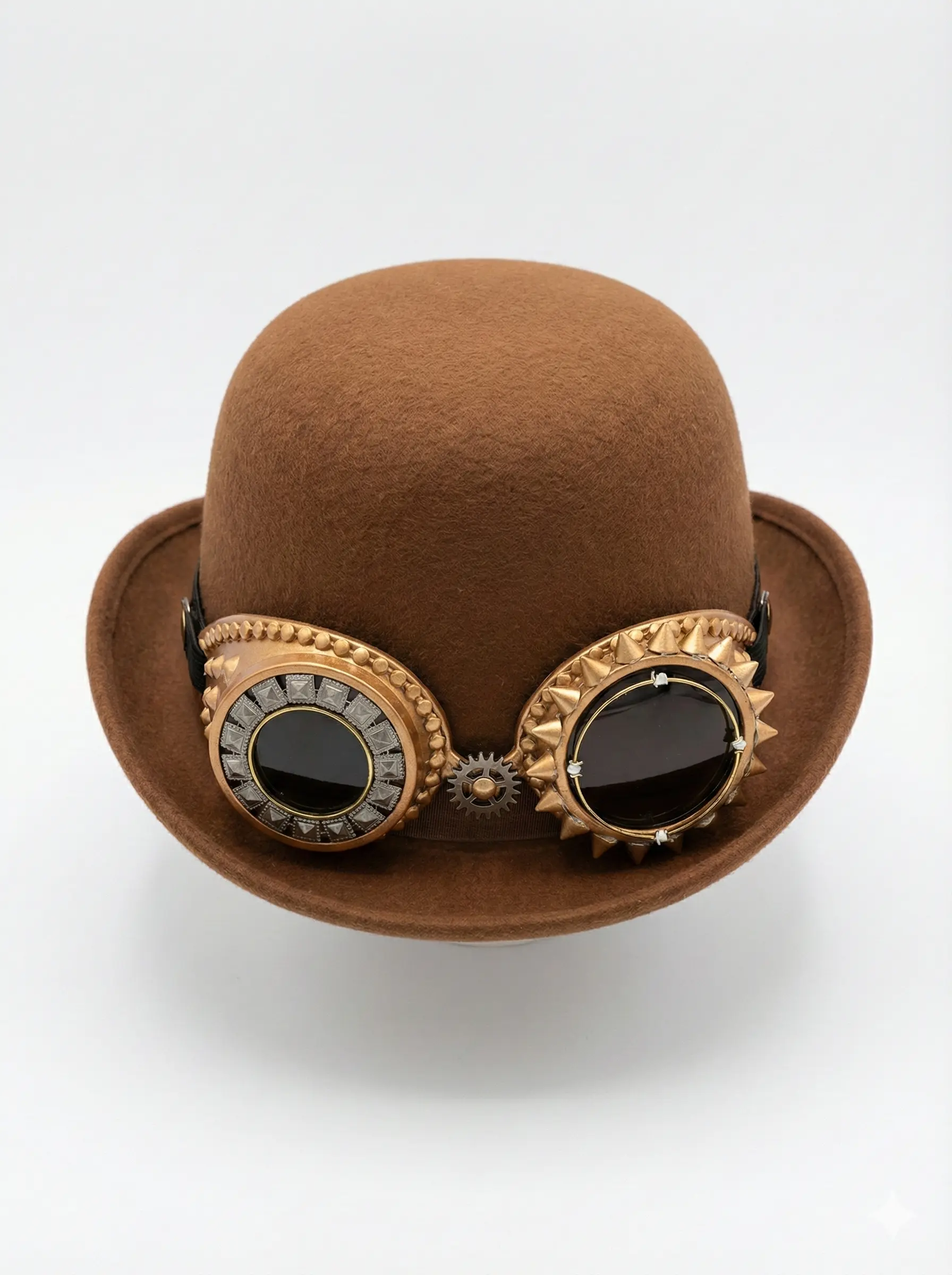 Brown Steampunk Bowler Hat with vintage goggles and gear decoration