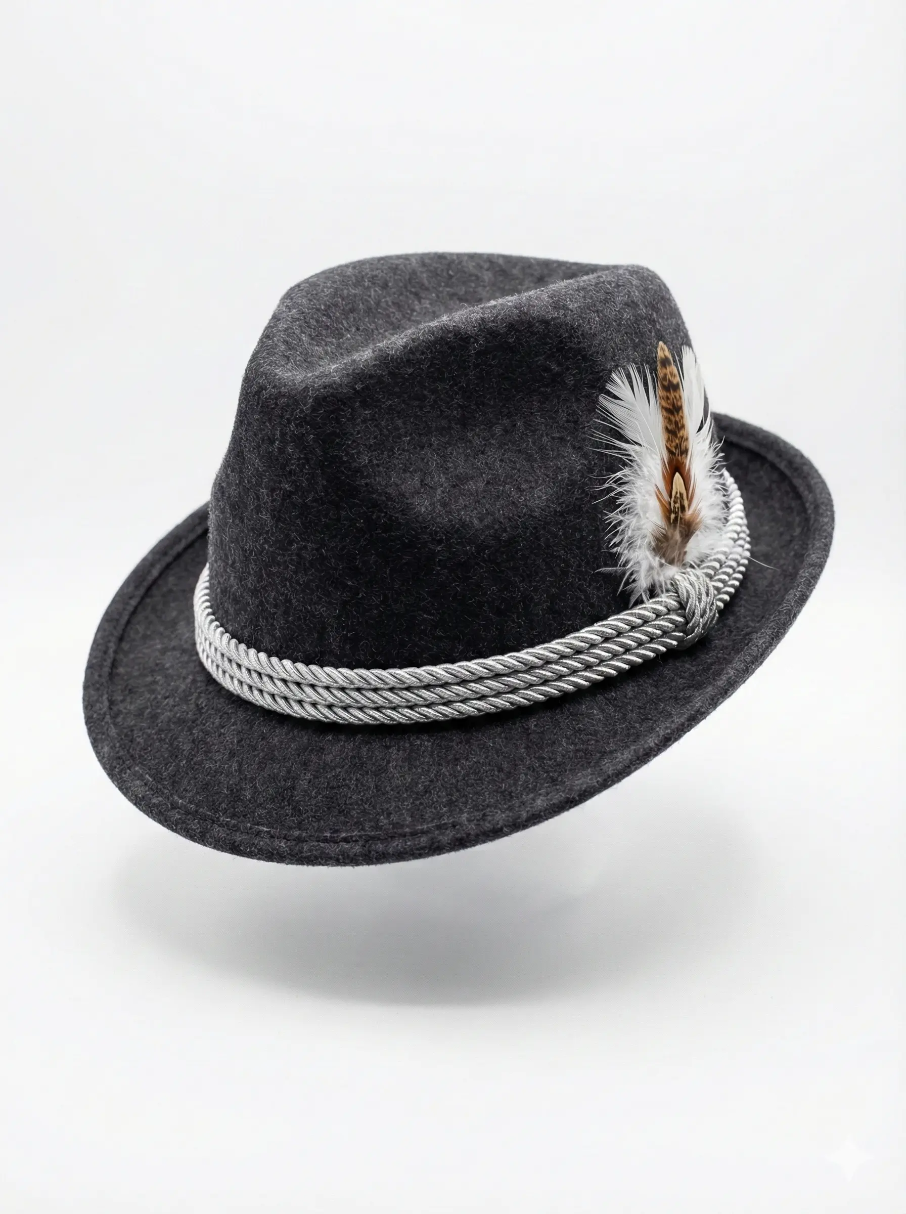 Traditional Grey German Alpine Hat with silver rope and feather