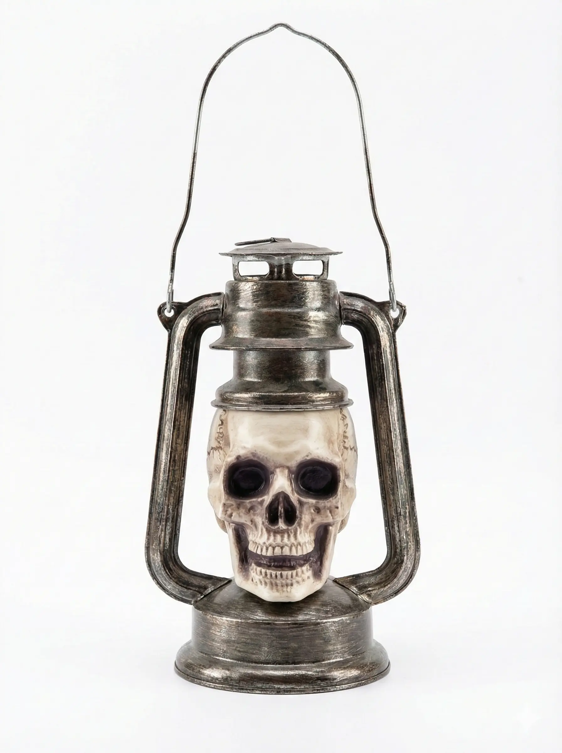 Vintage style skull oil lantern with internal LED light assembly