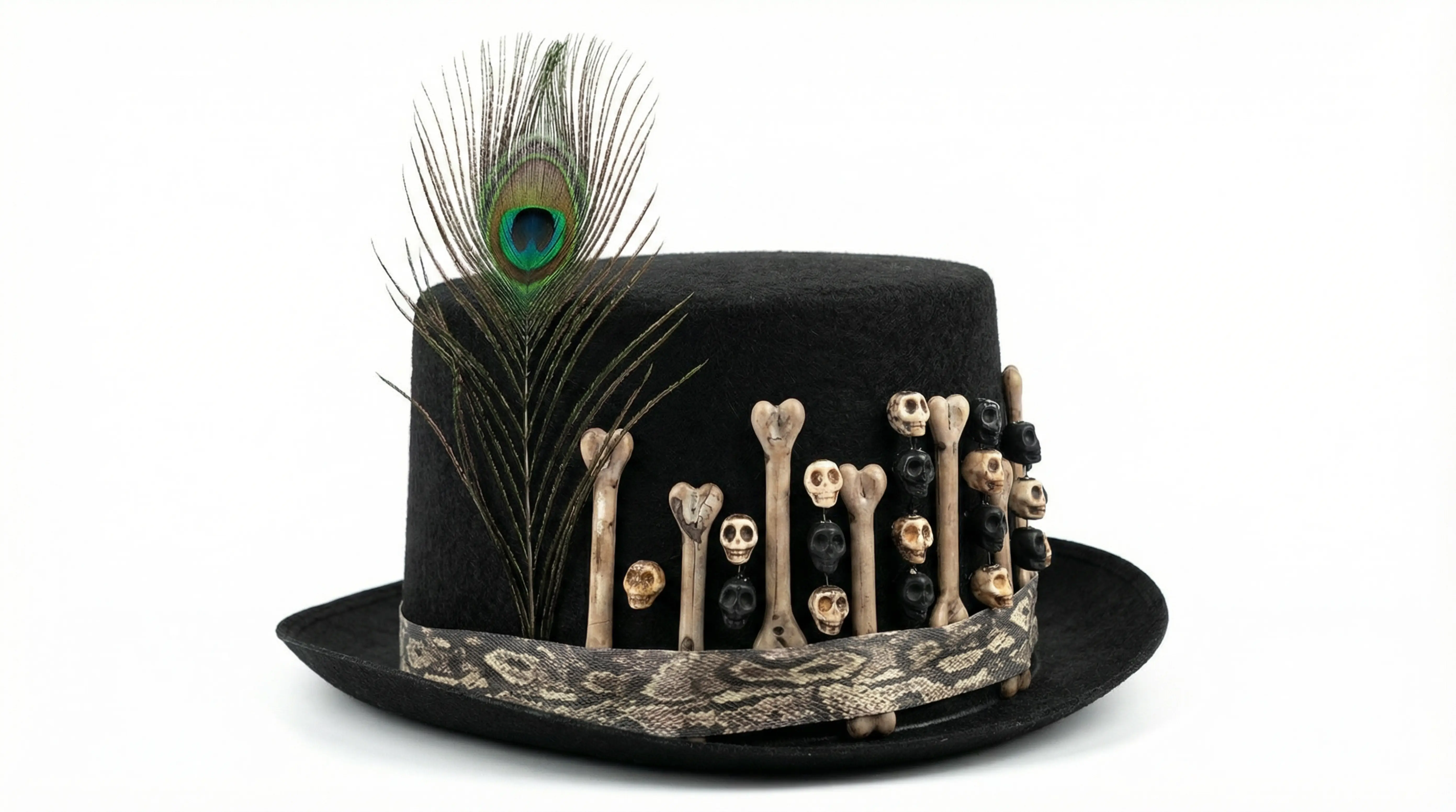 Black Felt Top Hat decorated with bones, skulls and peacock feather for Halloween