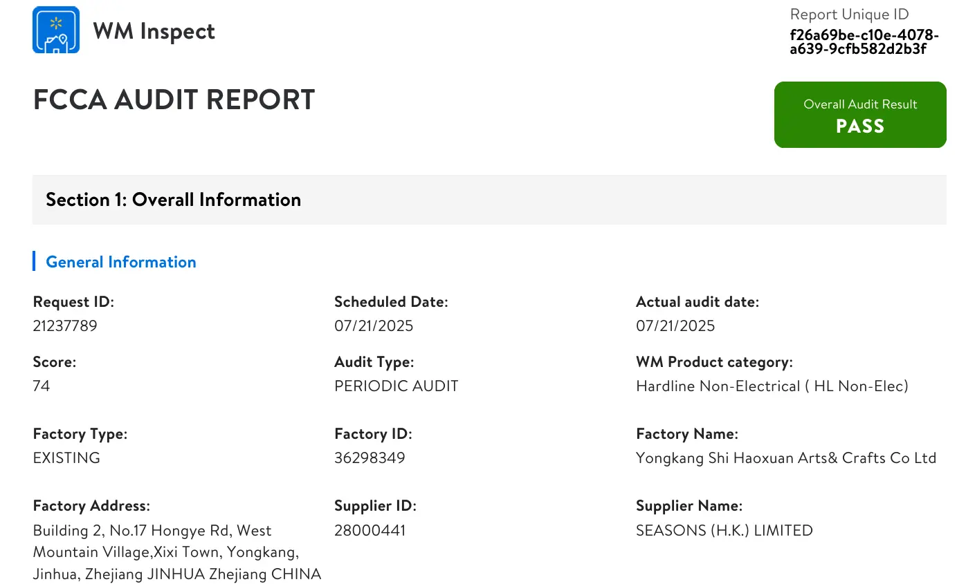 Haoxuan Crafts Walmart FCCA Audit Pass Report