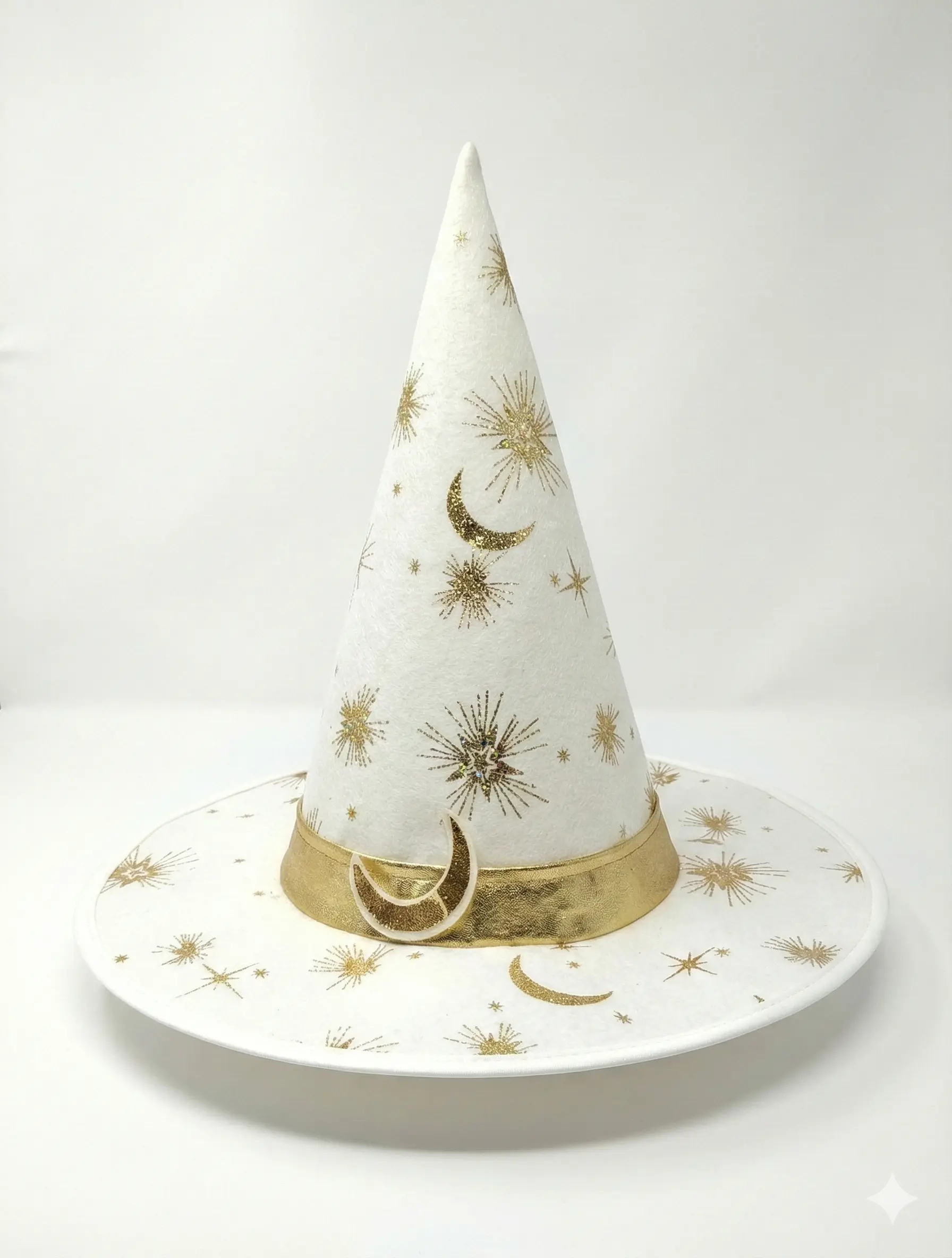 White felt wizard hat with gold moon and star foil print - Custom Party Headwear Manufacturer