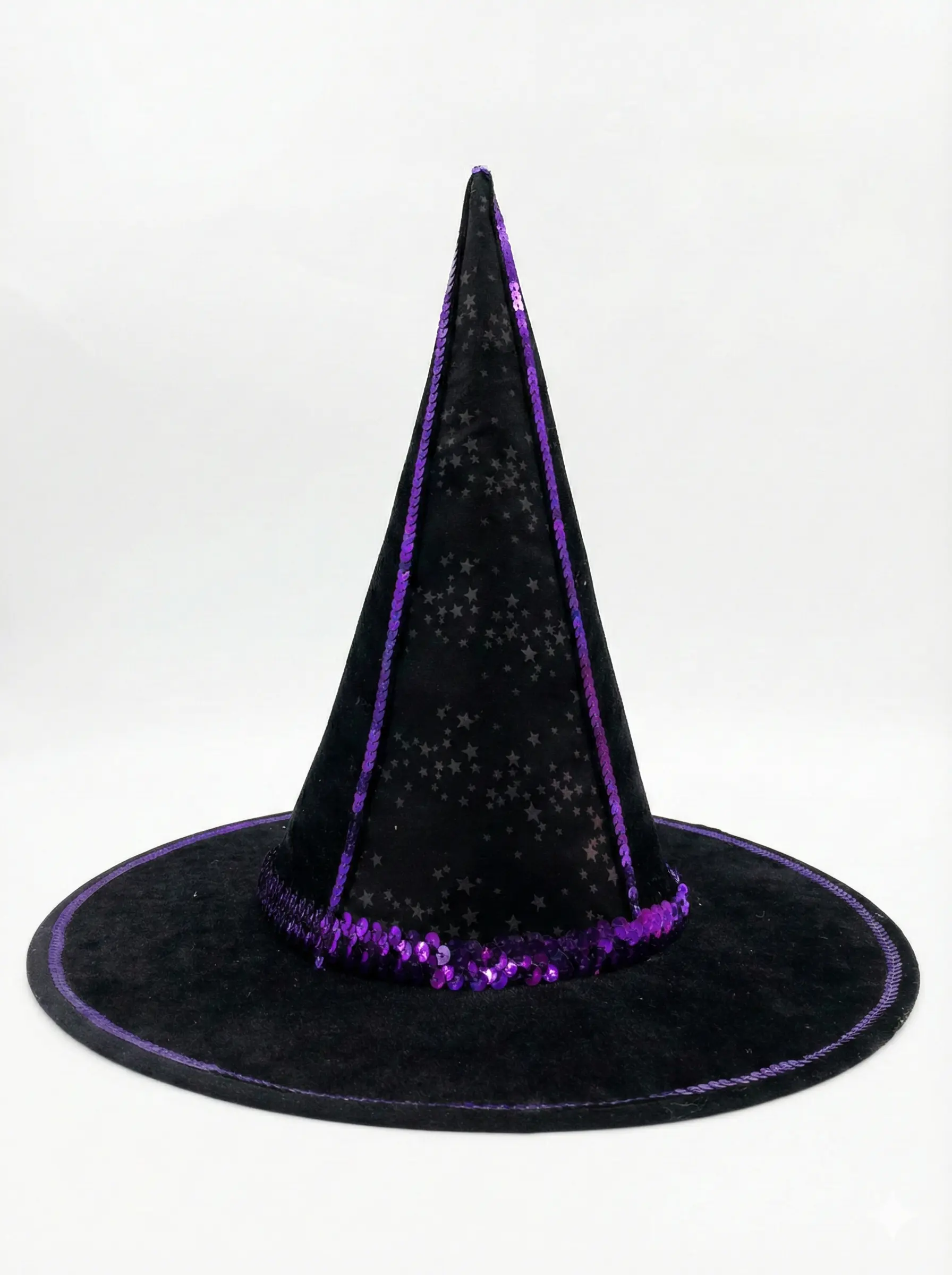 Black velvet witch hat with purple sequin trim and brim - Wholesale Halloween Party Supplies