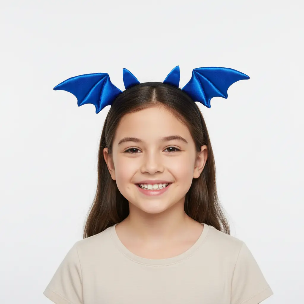 Girl wearing blue bat wing headband - Wholesale party headwear and hair accessories collection